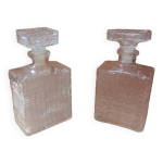 Paire de carafes whisky liqueur en verre moul + bouchons vintage