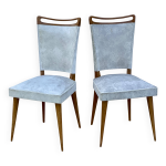 Paire de chaises pieds compas vintage 1960 bois et simili - cuir blanc