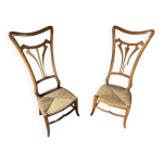 Paire de chaises vintage art nouveau en bois clair et assise paille tresse