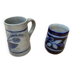 Paire chope bi�re betschdorf schmitter alsace gr�s gris d�cor bleu vintage