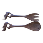 Paire de couverts  salade en bois, dcor de rhinocros