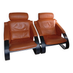 Paire deux fauteuils bois noir cuir scandinave nelo sweden roche bobois Paire deux fauteuils bois noir cuir scandinave nelo sweden roche bobois