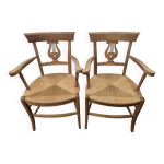 Paire de fauteuils anciens  lyre assise en paille tresse