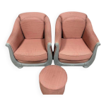 Paire de fauteuils bergères + 1 pouf art déco en bois laqué Paire de fauteuils bergères + 1 pouf art déco en bois laqué