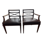 Paire de fauteuils bridge en cuir et bois style directoire, années 1940 Paire de fauteuils bridge en cuir et bois style directoire, années 1940