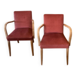 Paire de fauteuils bridge vintage en bois massif brut et vieux rose Paire de fauteuils bridge vintage en bois massif brut et vieux rose