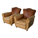 Paire de fauteuils club en cuir avec dossier moustache et cognac, france, 1940s
