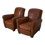 Paire de fauteuils club vintage en cuir cognac franais, lot de 2
