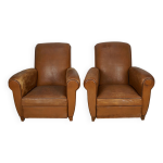 Paire de fauteuils club vintage en cuir cognac franais, annes 1950