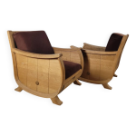 Paire de fauteuils  corbeille  en ch�ne massif et velours chocolat s