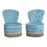 Paire de fauteuils crapaud capitonns velours bleu vintage 1970