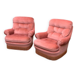 Paire de fauteuils crapaud velours capitonn rose 1970