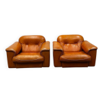 Paire de fauteuils en cuir cognac de sede ds - 101 avec surpiqres emblmatiques de baseball