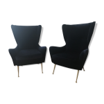 Paire de fauteuils a oreilles velours bleu nuit , 1950 s Paire de fauteuils a oreilles velours bleu nuit , 1950 s