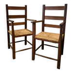 Paire de fauteuils paill�s anciens en bois - style campagne authentique