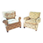 Paire de fauteuils de style club chair 1940 en tissu carreaux velours