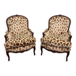 Paire de fauteuils de style louis xv en velours motif girafe, france, annes 1950