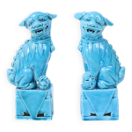 Paire de figurines de lion du temple foo dog mailles bleues 16 cm
