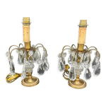 Paire girandoles bougeoirs laiton dor� pampilles verre, gouttes, fleurettes, 1 feux