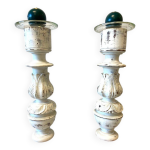 Paire de gros bougeoirs flambeaux chandeliers bois tourn sculpt blanchi