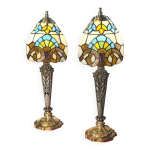 Paire lampe bronze et tain 1900  30 abat jour pate de verre 44x15