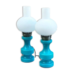 Paire de lampes en opaline bleu turquoise vintage