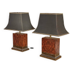 Paire de lampes de table en loupe et cuivre de jean claude mahey