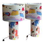 Paire de lampes tissu pierre frey, bleu clair et cble rouge