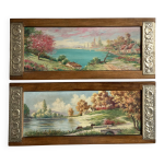Paire de paysages cadres art d�co bois et m�tal emboss�