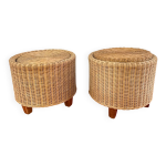 Paire de poufs en rotin avec rangement - annes 70