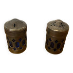 Paire de saleron ancien metal argent + verre bleu cobalt salire poiv