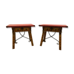 Paire de tables basses en bois naturel dessus en simili cuir rouge xx sicle