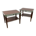 Paire de tables basses bouts de canap� modernistes chrome, cuir et bois