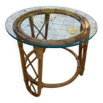 Paire de table basse ronde en rotin et verre vintage ann�e 60 s