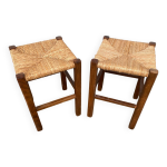 Paire tabouret ancien en bois + assise paille tresse vintage