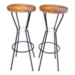 Paire tabourets de bar 1950 fer et rotin