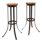 Paire de tabourets de bar brutalistes en ch�ne et fer forg�, ann�es 1960