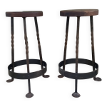 Paire tabourets de bar fer forg et chne