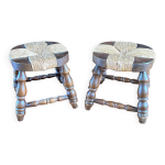 Paire de tabourets bas - bois et paille vintage