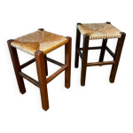 Paire de tabourets en bois et paille, 1960 - 70