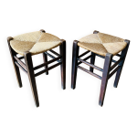 Paire de tabourets bois et paille