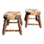 Paire de tabourets de chemine bois et paille 1950
