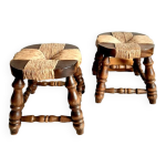 Paire de tabourets de chemine bois et paille 1950