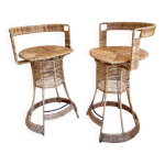 Paire tabouret haut rotin cration roger coster, 1970