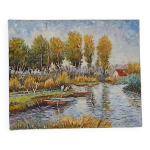 Peinture ancienne bucolique p�cheurs et peupliers au bord de l'eau