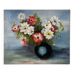 Peinture ancienne huile sur carton bouquet de fleurs anmones rouges et blanches 1985