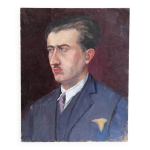 Peinture ancienne huile sur carton portrait homme en costume bleu