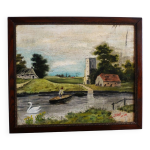 Peinture ancienne de paysage / tableau encadr huile paysage de campagne.