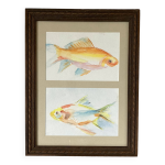Peinture  l aquarelle reprsentant des poissons rouges dans un cadre en bois de style louis xvi
