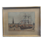Peinture encadre et signe, paysage de port et bateau, aquarelle ancienne